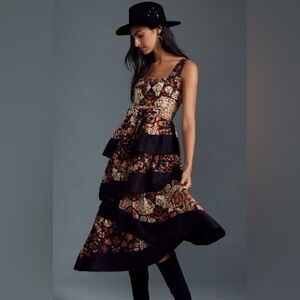 Anthropologie Square Neck Tiered Ruffle Midi Dress Great for Cowgirls XL